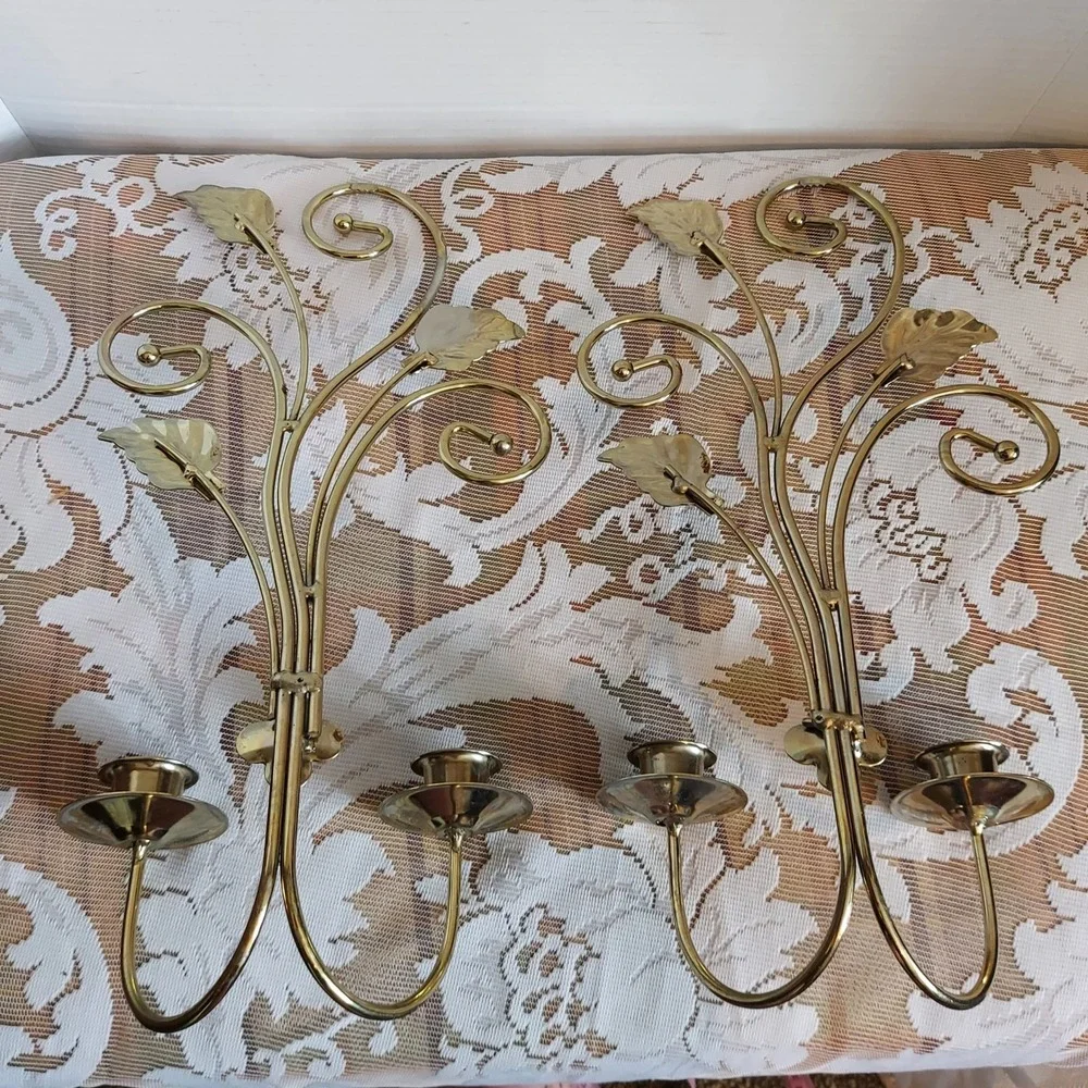 Vintage Brass Wall Sconce Set Leafy Vine Hollywood Regency Candle Holders Gold
